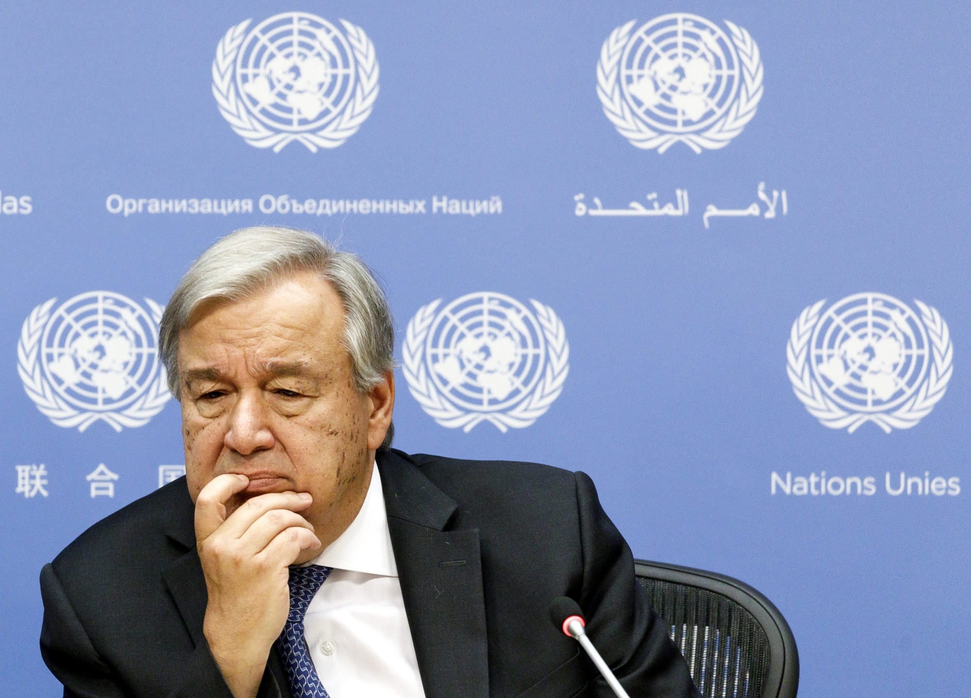 epa07851163 United Nations Secretary-General Antonio Guterres speaks during a press conference ahead of this year's General Debate of the General Assembly of the United Nations at the United Nations Headquarters in New York, New York, USA, 18 September 2019. The General Debate of the 74th session of the UN General Assembly begins on the week of 23 September.  EPA/JUSTIN LANE ArcInfo