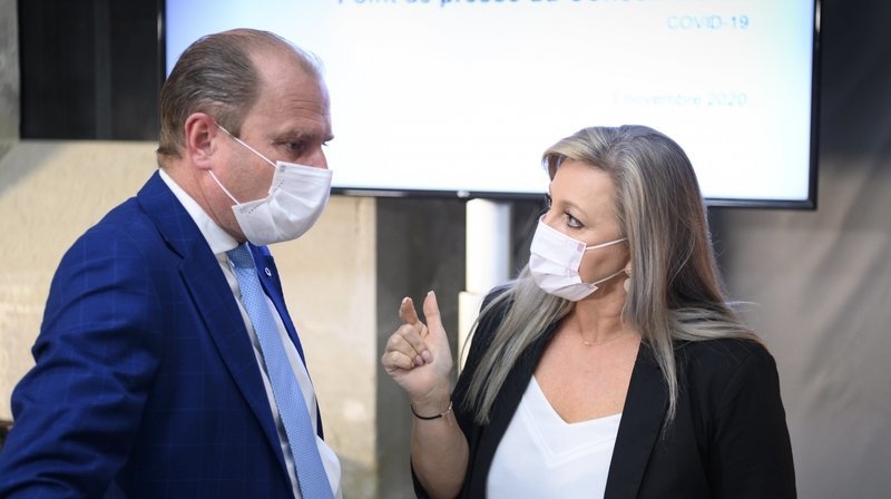 Le Conseil d'Etat vaudois (ici Philippe Leuba et Nuria Gorrite) font le point sur le dispositif mis en place pour lutter contre le coronavirus.