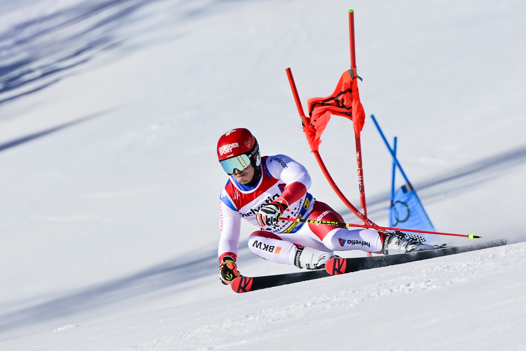 Loic Meillard of Switzerland in action during the first run of the men's Giant Slalom race at the 2021 FIS Alpine Skiing World Championships in Cortina d'Ampezzo, Italy, Friday, February 19, 2021. (KEYSTONE/Jean-Christophe Bott)