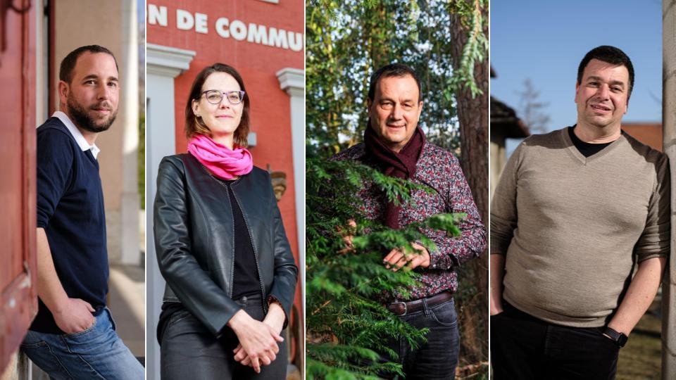 De g. à droite: Quentin Pommaz, Céline Etoupe, Hugues Rubattel et Nicolas Ray. Tous sont candidats dans leur commune, et employés dans une autre.