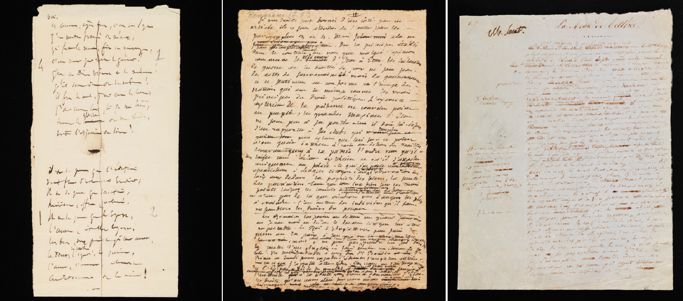 A Montricher, on peut observer des manuscrits de Victor Hugo (à g.), Jean-Jacques Rousseau (au centre) ou encore Honoré de Balzac (à dr.).