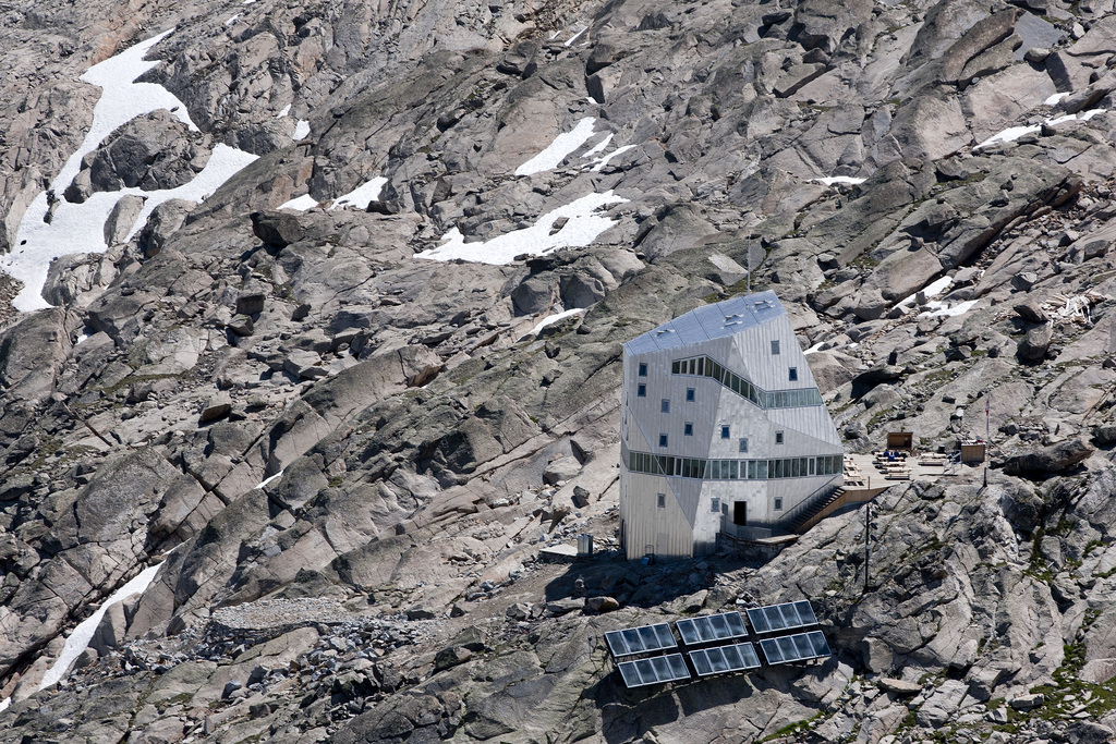 Aerial view of the new Monte Rosa Hut above Zermatt, Switzerland, pictured Monday, July 4. 2011. The Monte Rosa Hut is a mountain hut located near Zermatt at the foot of Monte Rosa (4,634 m) at an altitude of 2,795 metres. It is owned by the Swiss Alpine Club. The hut is the start of the normal route to the summit and other mountains in the area. The first hut was built in 1895. A completely new building was inaugurated in 2009, at an altitude of 2,883 metres. (KEYSTONE/Alessandro Della Bella)