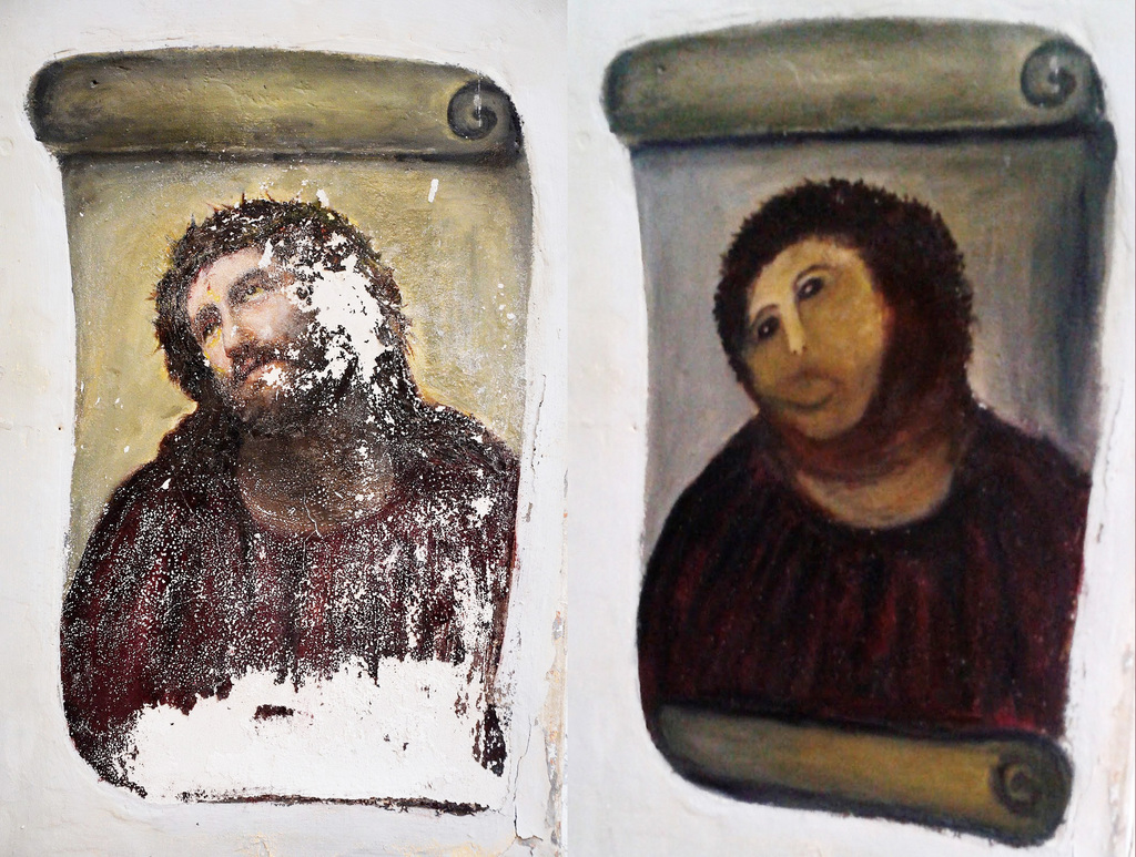 FILE - In this combination of two undated handout photos made available by the Centro de Estudios Borjanos,  the 20th century Ecce Homo-style fresco of Christ , left and the 'restored' version, at right. A year ago, a botched restoration of a fresco of Christ by an 80-year-old Spanish pensioner drew mocking laughter. Now, the artist Cecilia Gimenez has the last laugh. Officials in Borja, a town of 5,000 people in northeastern Spain, said Tuesday Aug.13. 2013, the fresco has drawn more than 40,000 visitors and raised more than euro 50,000 ($66,285) for a local charity. Next week, Gimenez and the local council which owns the sanctuary are to sign a deal sharing the profits from merchandising that features the image. (AP Photo/Centro de Estudios Borjanos, File)