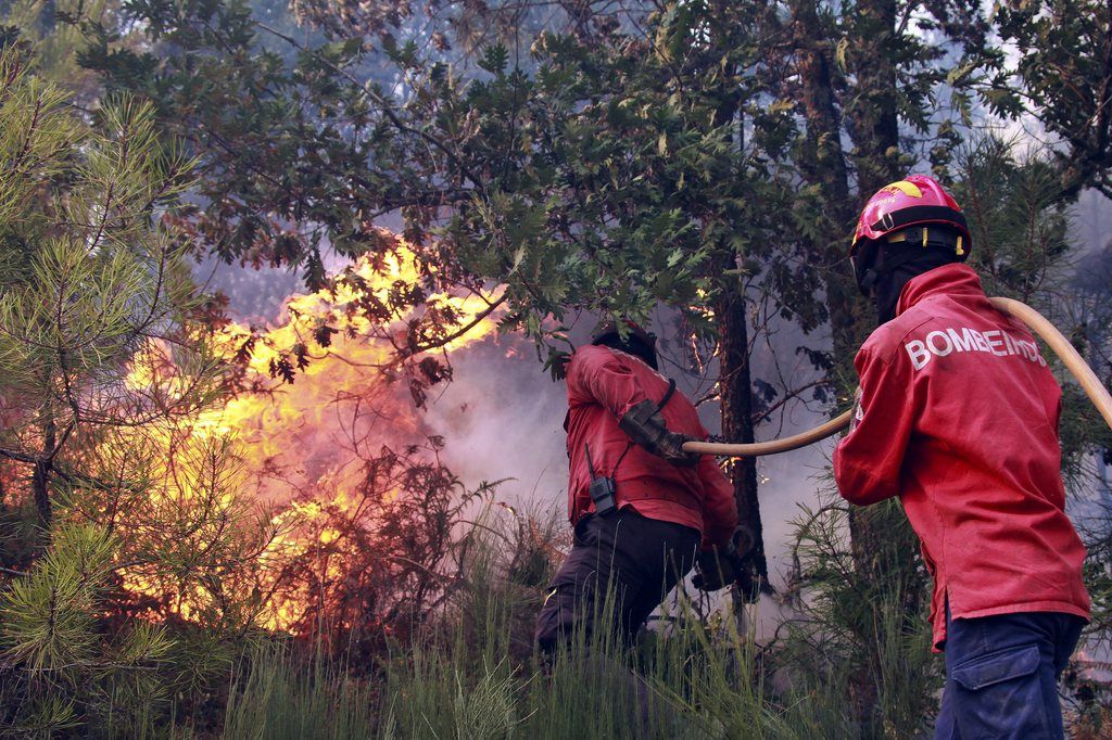 Les pompiers essaient de maîtriser un feu à Oliveira do Hospital dans le centre du Portugal. 