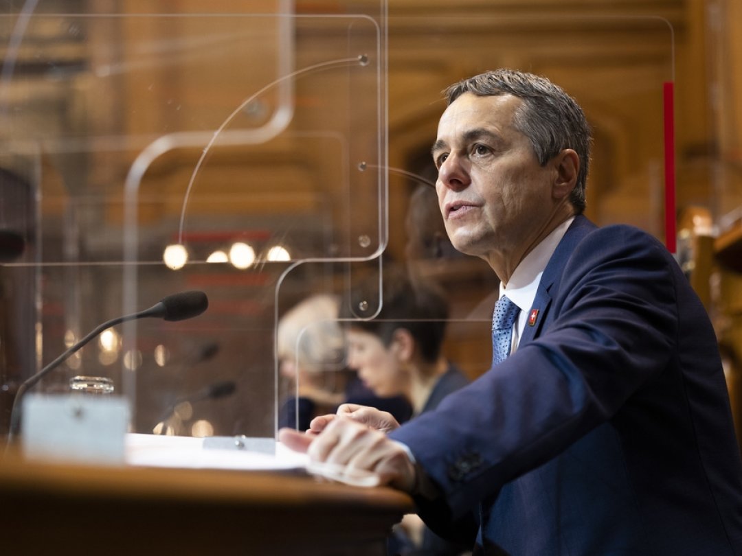 Bundesrat Ignazio Cassis aeussert sich zur Motion "Foerderung der Menschenrechte in China", waehrend der Wintersession der Eidgenoessischen Raete, am Mittwoch, 8. Dezember 2021, im Staenderat in Bern. (KEYSTONE/Peter Klaunzer)