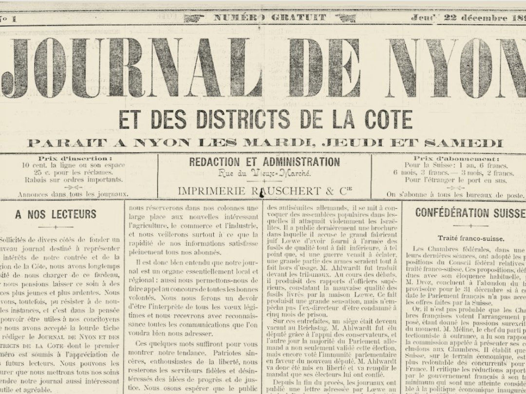 Le "Journal de Nyon" de 1892, un des ancêtres de "La Côte".