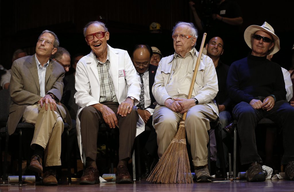 Nobel Laureates, from left, Eric Maskin, Economics, 2007; Dudley Herschbach, Chemistry, 1986; Roy Glauber, Physics, 2005; and Frank Wilczek, Physics, 2004; look on during the annual Ig Nobel prize ceremony at Harvard University in Cambridge, Mass. Thursday, Sept. 12, 2013. Organized by the science humor magazine Annals of Improbable Research (AIR), in cooperation with several Harvard student groups, it celebrates the unusual, honors the imaginative, and spurs interest in science. (AP Photo/Winslow Townson)