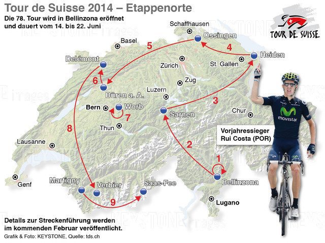 GRAFIK --- Etappenorte der Tour de Suisse 2014 (137 X 103mm quer) vom Donnerstag, 31. Oktober 2013 (KEYSTONE/Gerhard Riezler)