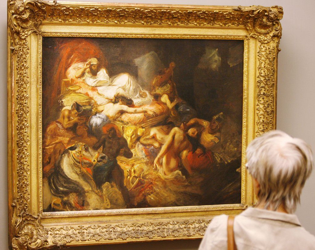 Das Werk "Der Tod des Sardanapal" des Kuenstlers Eugene Delacroix aus dem Jahre 1827/28wird bestaunt, anlaesslich eines Medienrundgangs zur Ausstellung "Eugene Delacroix - Spiegelungen - Tasso im Irrenhaus" in der Sammlung Oskar Reinhart am Freitag, 5. September 2008, in Winterthur.   (KEYSTONE/Steffen Schmidt)