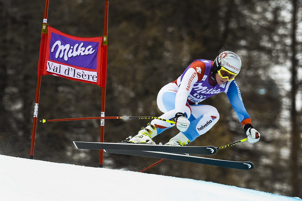 Marianne Kaufmann-Abderhalden of Switzerland, in action during the second training session of the women's Downhill race of the FIS Alpine Ski World Cup season, in Val D'Isere, France, Thursday, December 19, 2013. (KEYSTONE/Jean-Christophe Bott)