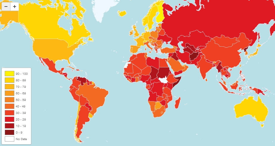 Voilà à quoi ressemble la carte du monde de la corruption. L'échelle de couleur, allant de 1 à 10, est comprise entre le pourpre (pays très corrompu, 1) au vert foncé (pays quasi-exemplaire, 9 et plus). 