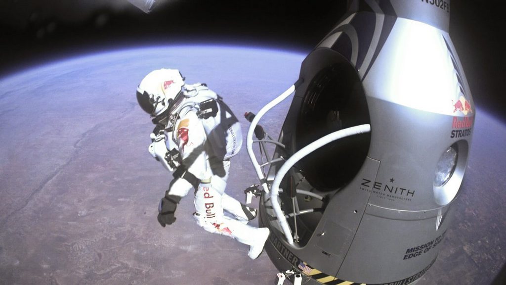 epa03569094 (FILES) Felix Baumgartner of Austria jumps out from the capsule during the final manned flight for Red Bull Stratos in Roswell, New Mexico, USA on October 14, 2012.? Supersonic skydiver Felix Baumgartner was faster than he or anyone else thought when he jumped from 24 miles up. According to the official numbers released 04 February 2013, the Austrian parachutist reached the equivalent of Mach 1.25, or 1.25 times the speed of sound.  EPA/Red Bull Stratos