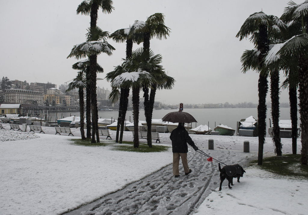 Der Schnee bis in die Niederungen sorgt im Tessin f?r Verkehrsprobleme und beschneite das Quai von Lugano, am Freitag 17.Januar 2014. (KEYSTONE/Karl Mathis)
