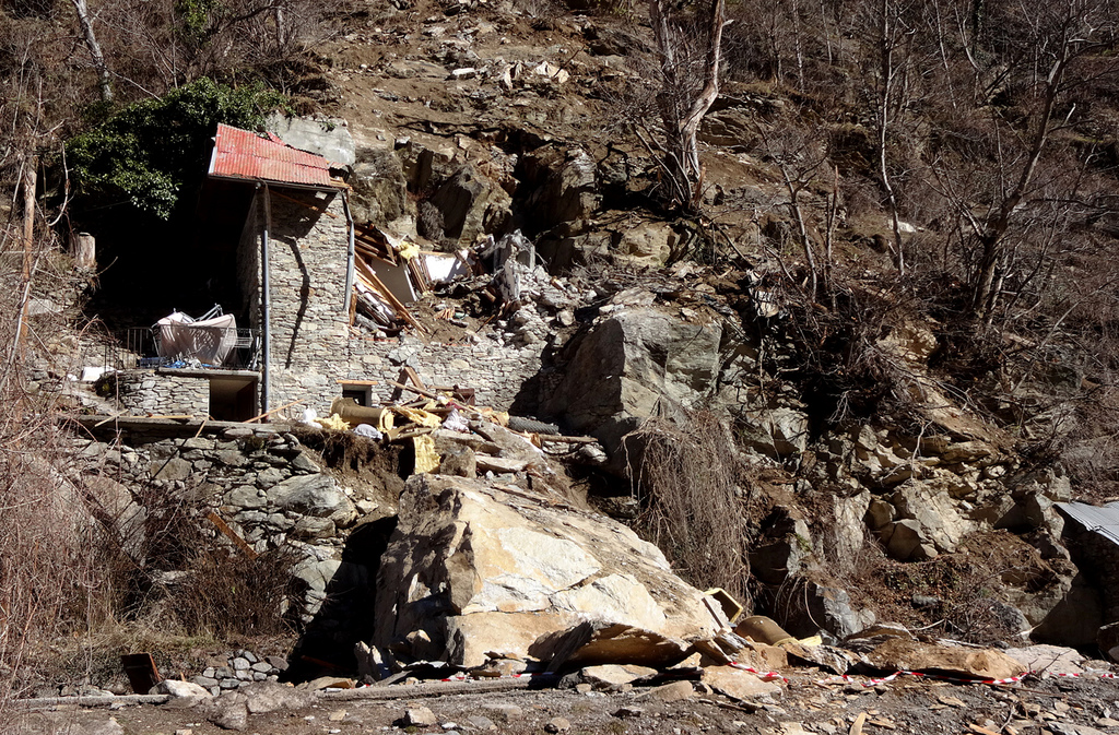 View of the chalet at Isola, southeastern France where two children died after a rock slide crushed the chalet, Sunday, Feb. 23, 2014. A rock of several cubic meters detached, and fell on the chalet during the night. (AP Photo/str)