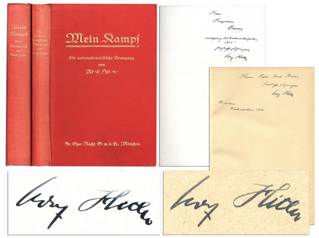 This undated image provided by Nate D. Sanders Auction shows the Adolph Hitler inscribed "Mein Kampf" volume to future SS leader Joseph Bauer. The signed two-volume set of ?Mein Kampf?, the manifesto of the future Fuhrer will be auctioned by Nate D. Sanders on Thursday, Feb. 27, 2014. Interested bidders may participate in the auction online. Both volumes are signed by Hitler and are dedicated to Josef Bauer, one of the first members of the Nazi party and one of the leaders of the Beer Hall Putsch in 1923.  (AP Photo/Nate D. Sanders Auction)