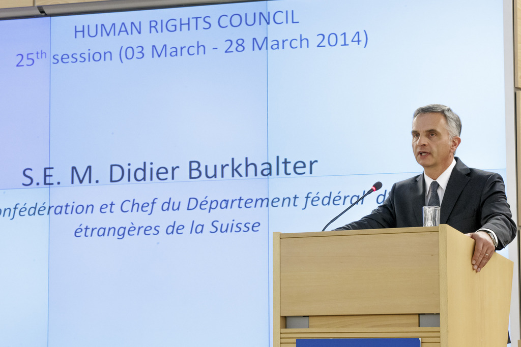 Swiss President Didier Burkhalter addresses his statement, during the opening of the High-Level Segment of the 25th session of the Human Rights Council, at the European headquarters of the United Nations, in Geneva, Switzerland, Monday, March 3, 2014. The Human Rights Council opens a four-week session on Today with member states and top officials. (KEYSTONE/Salvatore Di Nolfi)