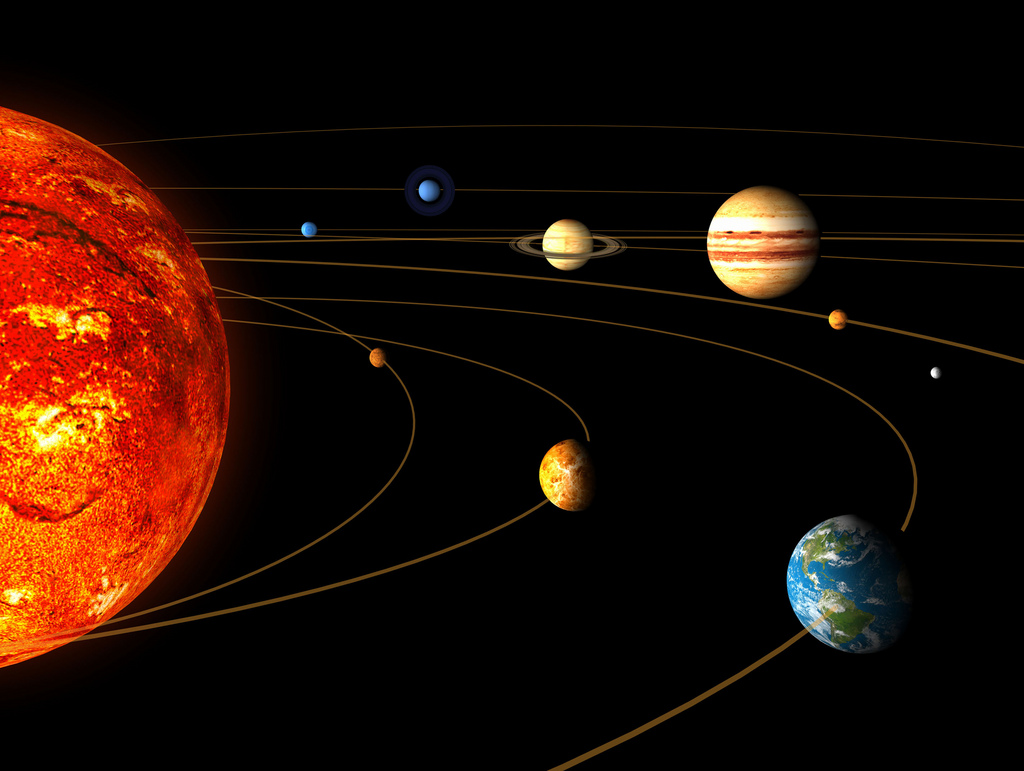 An artist rendition released by the European Space Agency on Wednesday, Nov. 28, 2007 shows the main bodies of the solar system, the Sun, Mercury, Venus, the Earth, from left in foreground, Uranus, Neptune, Saturn, Jupiter and Mars, from left in background. The Moon, the Earth's natural satellite, is seen at right in foreground, as the relative size of the orbits of the planets is not respected. Nearby planet Venus is looking a bit more Earth-like with frequent bursts of lightning confirmed by a new European space probe. For nearly three decades, astronomers have said Venus probably had lightning, ever since a 1978 NASA probe showed signs of electrical activity in its atmosphere. But experts were not sure because of signal interference. (AP Photo/ESA/HO) ** MAGAZINES OUT - NO SALES **