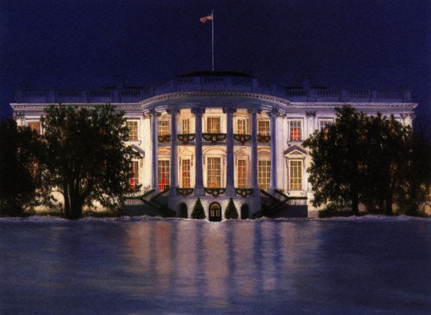 The 1997 White House Holiday Card, released Wednesday, Dec. 3, 1997, by the White House, is a reproduction of Kay Jackson's "White House Nocturne South Lawn 1997"  It features a winter evening on the South Lawn. The card will be sent by President and Mrs. Clinton to approximately 300,000 families and is paid for by the Democratic National Committee. (KEYSTONE/AP Photo/White House) === WHITE HOUSE HANDOUT, NO SALES === 