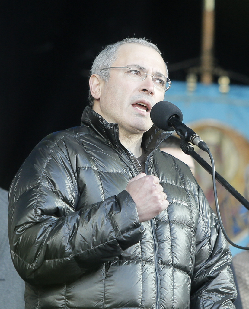 Mikhail Khodorkovski dans son discours sur la place de l'Indépendance, à Kiev. 