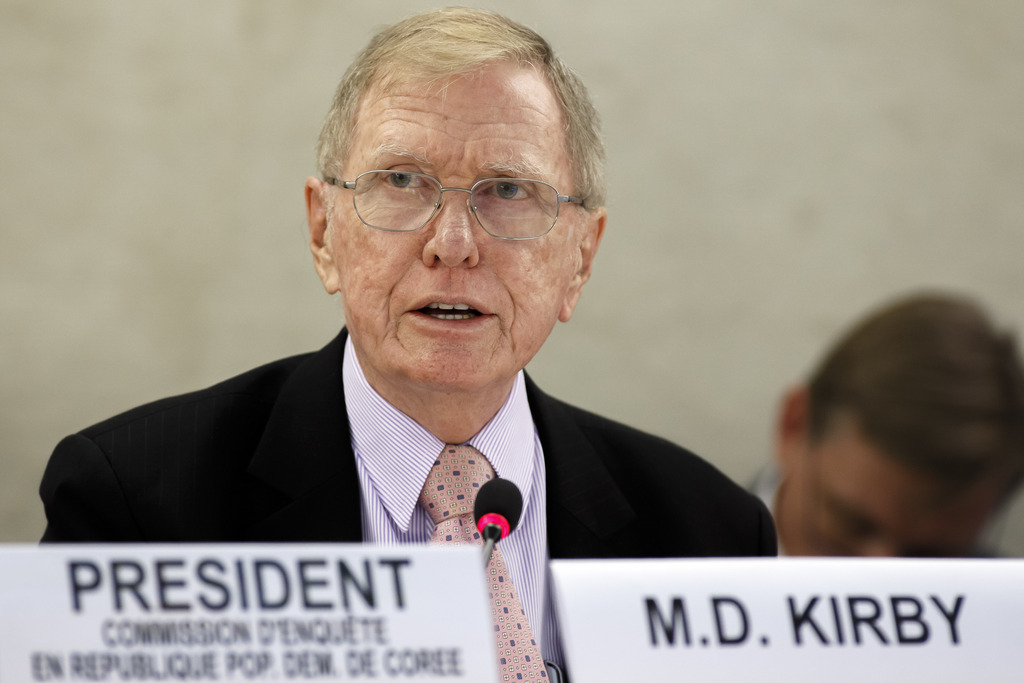 Michael Kirby, Chairperson of the Commission of Inquiry on Human Rights in North Korea, presents his report, during a session of the Human Rights Council on the report of the Commission of Inquiry on Human Rights in North Korea, at the European headquarters of the United Nationsin Geneva, in Geneva, Switzerland, Monday, March 17, 2014. (KEYSTONE/Salvatore Di Nolfi)