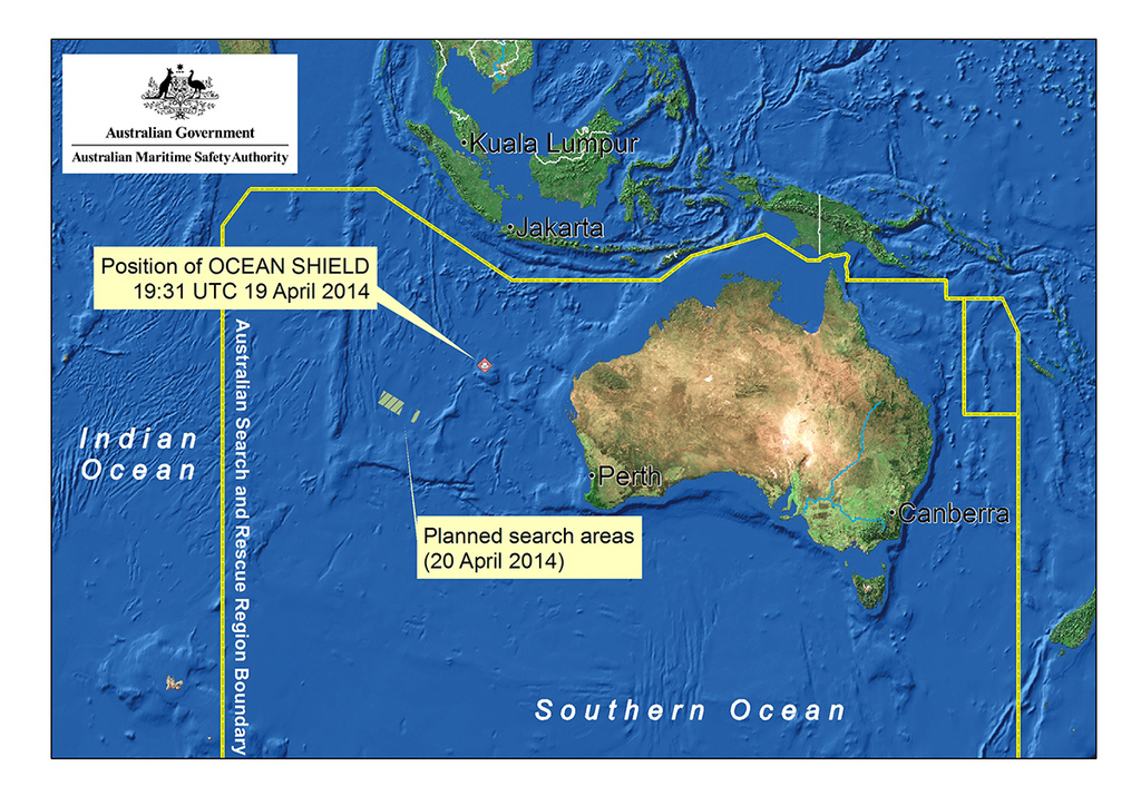 In this map provided on Sunday, April 20, 2014, by the Joint Agency Coordination Centre details are presented in the search for the missing Malaysia Airlines Flight 370 in the southern Indian Ocean. Up to 11 aircraft and 12 ships continue to scan the ocean surface for debris from the Boeing 777 that disappeared March 8 en route from Kuala Lumpur to Beijing with 239 people on board. (AP Photo/Joint Agency Coordination Centre) EDITORIAL USE ONLY