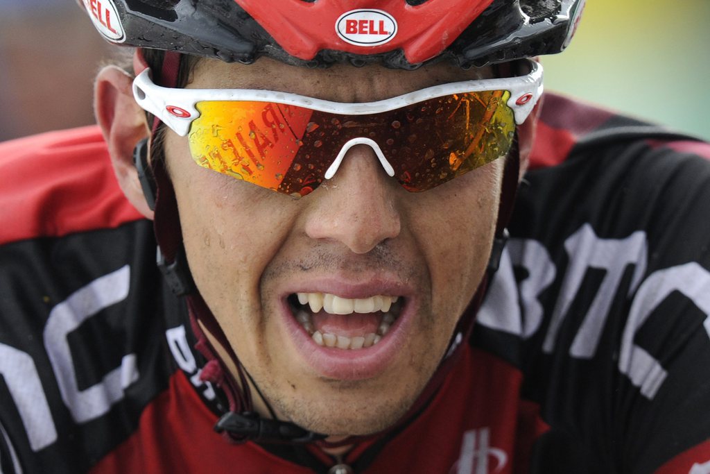 Switzerland's Steve Morabito of team BMC Racing reacts after crossing the finish line during the first stage a 172,6 km race from Martigny to Leysin, at the 65th Tour de Romandie UCI ProTour cycling race in Leysin, Switzerland, Wednesday, April 27, 2011. (KEYSTONE/Jean-Christophe Bott)