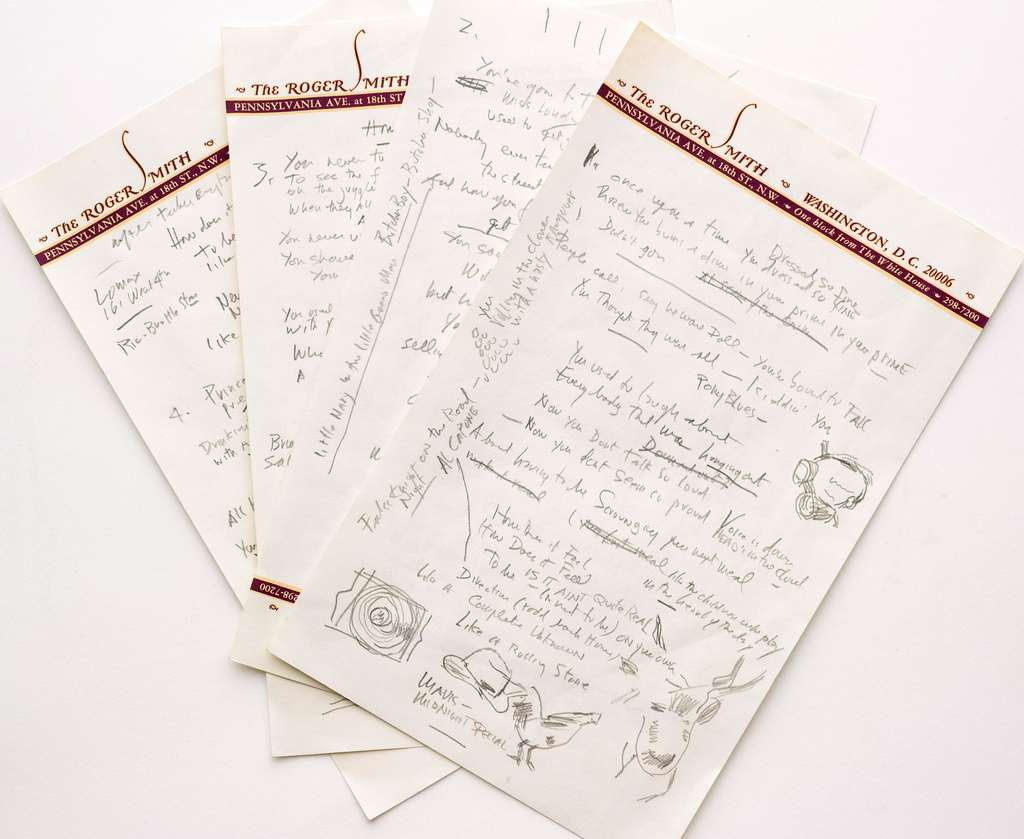 This undated photo provided by Sotheby?s shows a working draft  of Bob Dylan?s ?Like a Rolling Stone,? one of the most popular songs of all time.  The draft, in Dylan?s own hand, is coming to auction in New York on June 24, 2014 where it could fetch an estimated $1 million to $2 million.  Sotheby?s says it is ?the only known surviving draft of the final lyrics for this transformative rock anthem.? (AP Photo/Sotheby?s)