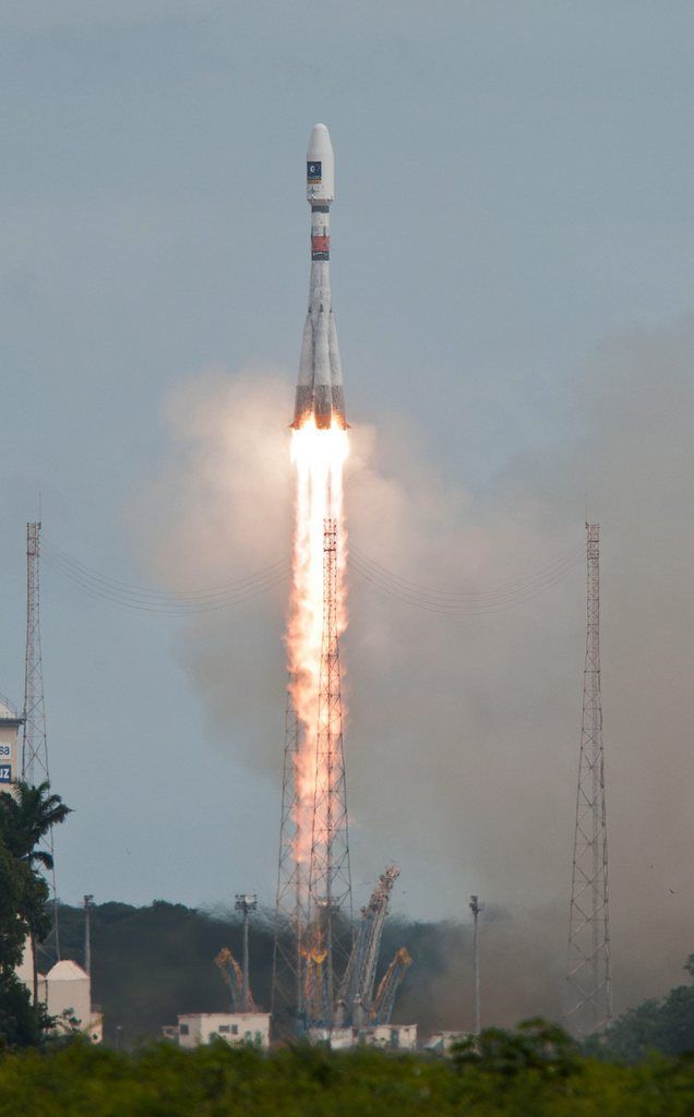epa04363757 A handout photograph made available by the European Space Agency (ESA) showing the Soyuz rocket launching Europeâ??s fifth and six Galileo satellites from Europe's Spaceport in Kourou, French Guiana, 22 August 2014. ESA state that these new satellites joined four Galileo satellites already in orbit, launched in October 2011 and October 2012 respectively. This first quartet were â??In-Orbit Validationâ?? satellites, serving to demonstrate the Galileo system would function as planned.  EPA/P BAUDON / ESA / HANDOUT  HANDOUT EDITORIAL USE ONLY/NO SALES