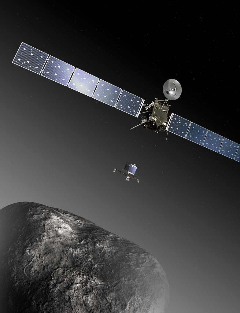 This publicly provided image  by the European Space Agency ESA  shows  an artist?s impression of the Rosetta orbiter deploying the Philae lander to comet 67P/Churyumov?Gerasimenko. The image is not to scale; the Rosetta spacecraft measures 32 m across including the solar arrays, while the comet nucleus is thought to be about 4 km wide. The European Space Agency has set a tentative date for the first landing of a spacecraft on a comet. ESA says Tuesday Dec. 10, 2013  its Rosetta probe will wake up from hibernation Jan. 20 before chasing down comet 67P/Churyumov-Gerasimenko. If all goes according to plan, Rosetta will launch a lander onto the surface of the comet on Nov. 11, 2014. (AP Photo/ESA, C.Carreau)