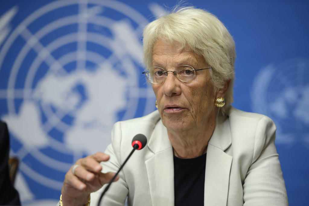 Carla del Ponte, Member of the Commission of Inquiry on the Syrian Arab Republic, speaks to the media during a press conference about the release of latest report by the Commission of Inquiry on the Syrian Arab Republic covering the period between mid-January and mid-July plus the latest developments of the human rights situation in Syria, at the European headquarters of the United Nations in Geneva, Switzerland, Wednesday, August 27, 2014. (KEYSTONE/Martial Trezzini)