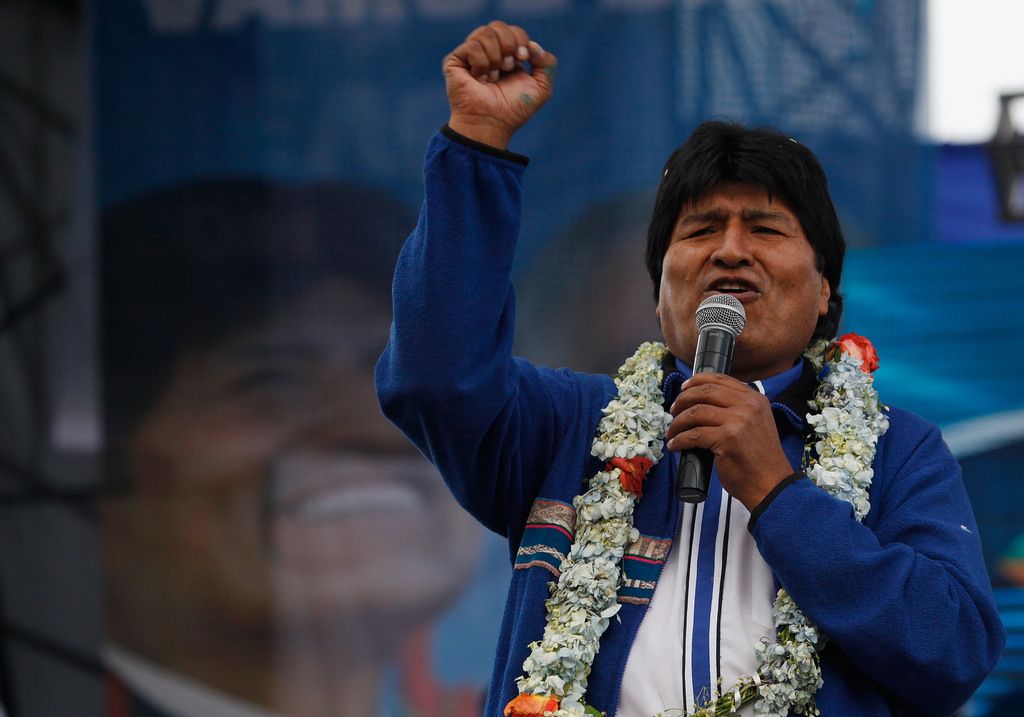 Bolivia's President Evo Morales, who is running for re-election with the Movement Toward Socialism, MAS, speaks during the closing campaign rally in El Alto, Bolivia, Wednesday, Oct. 8, 2014.  Bolivia will hold general elections on Sunday. (AP Photo/Juan Karita)