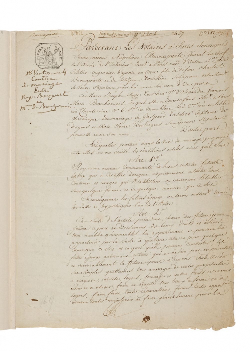 Le document, unique, est daté du 8 mars 1796. C'était l'exemplaire personnel de Joséphine.