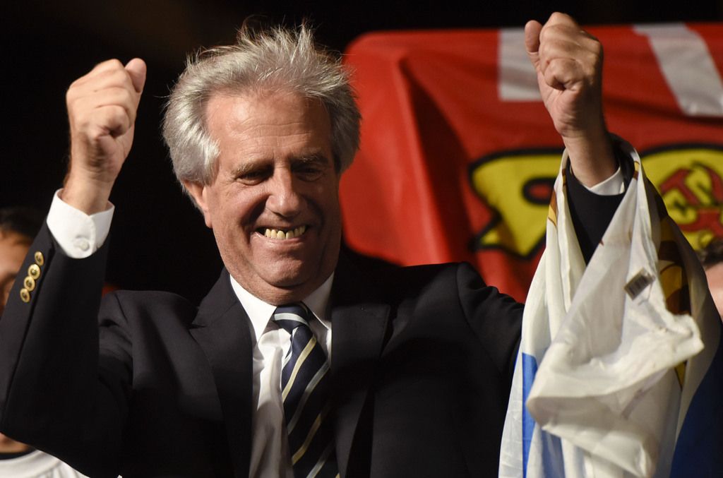 President elect Tabare Vazquez celebrates in Montevideo, Uruguay Sunday, Nov. 30, 2014. Vazquez easily won Uruguay's presidential election, returning to power a left-leaning coalition that has legalized gay marriage and moved to create the world's first state-run marijuana marketplace. (AP Photo/Matilde Campodonico)