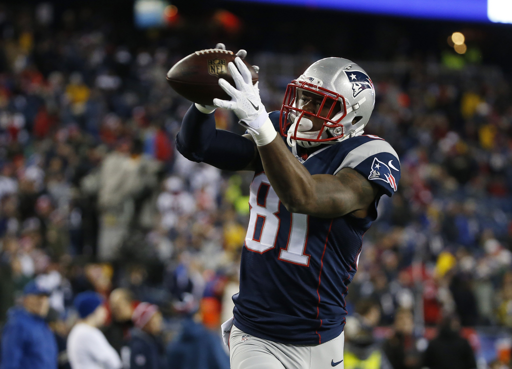 New England Patriots tight end Timothy Wright (81) before the NFL football AFC Championship game between the New England Patriots and Indianapolis Colts Sunday, Jan. 18, 2015, in Foxborough, Mass. (AP Photo/Elise Amendola)