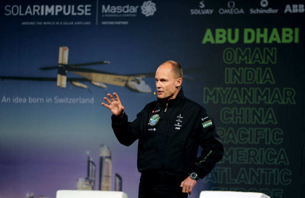 Solar Impulse's founder, chairman and pilot Bertrand Piccard speaks during the Solar Impulse presentation at the Al Bateen airport in Abu Dhabi, United Arab Emirates, Tuesday, Jan. 20, 2015. The founders of a Swiss-made solar-powered aircraft that is attempting to fly around the world say their journey will include stops in India, China and the United States after it takes off as early as next month. (AP Photo/Kamran Jebreili)