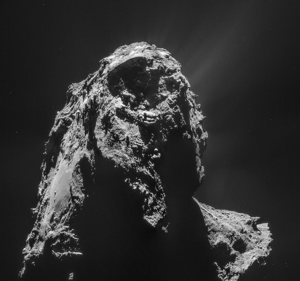 epa04577930 A handout picture provided by the European Space Agency (ESA) on 22 January 2015 of a four-image mosaic from Rosetta navigation camera taken from a distance of 28.4 km from the centre of Comet 67P/Churyumov-Gerasimenko, 16 January 2015. The Rosetta space probe, which is continuing to orbit and observe comet 67P/Churyumov-Gerasimenko, released the Philae lander which touched down in November 2014, but soon ran out of battery power on the icy surface of the comet more than 500 million kilometres from Earth.  EPA/ESA/ROSETTA/NAVCAM  HANDOUT EDITORIAL USE ONLY/NO SALES