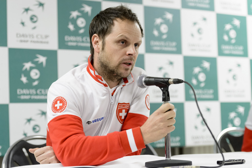 Swiss Davis Cup Team captain Severin Luethi speaks during a press conference after the fifth and last match of the Davis Cup World Group - First Round, 1/8 final tennis match Belgium against Switzerland, at the Country Hall, in Liege, Belgium, Sunday, March 8, 2015. Switzerland lost 2-3 against Belgium in its first tie as a reigning Davis Cup champion. (KEYSTONE/Laurent Gillieron)