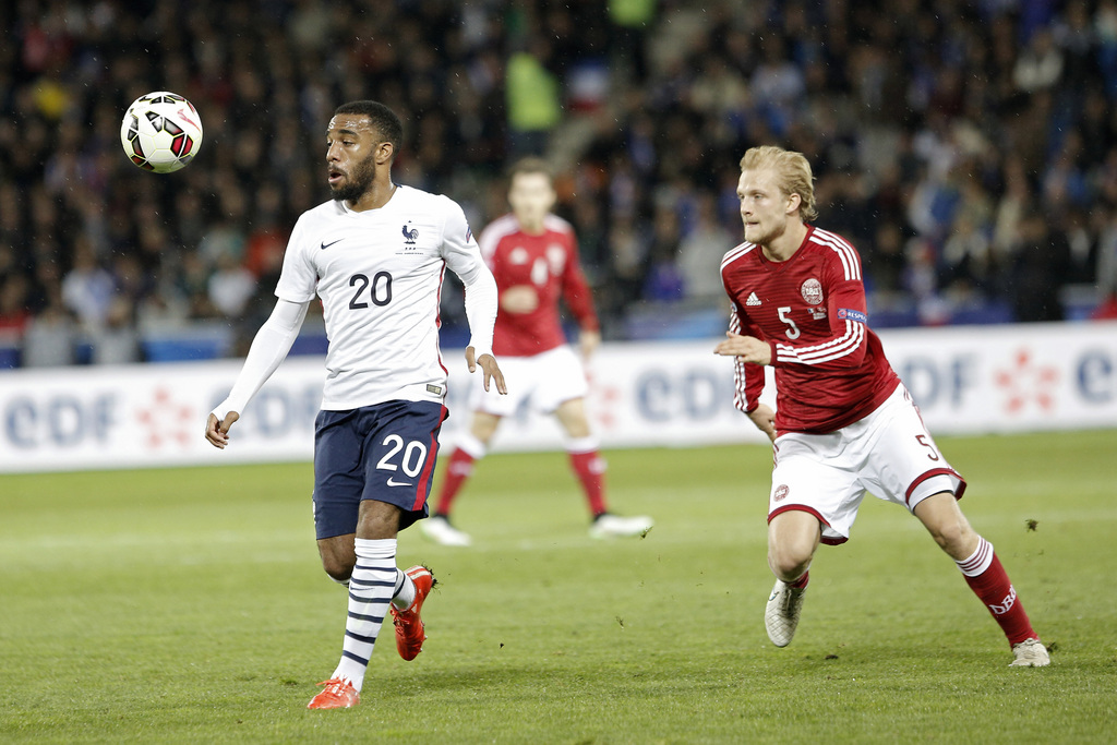 Alexandre Lacazette, pour la première fois buteur avec l'équipe de France à la 13e minute du match France-Danemark.