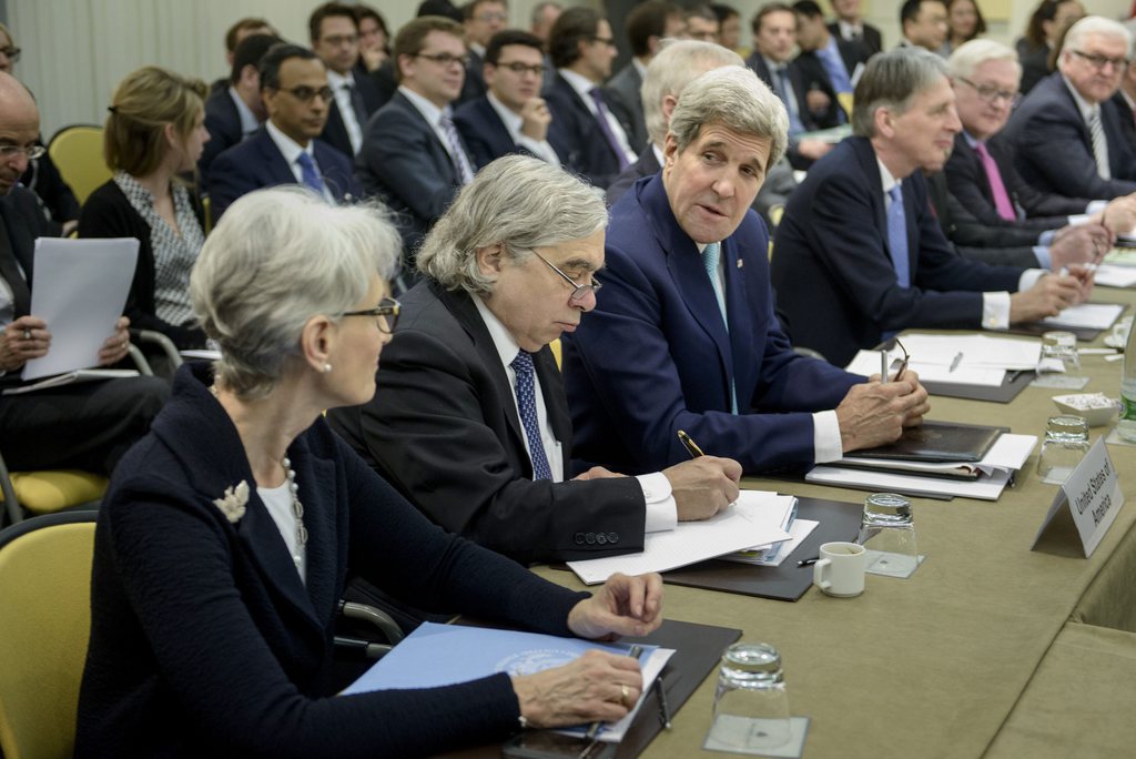 (L-R) US Under Secretary for Political Affairs Wendy Sherman, US Secretary of Energy Ernest Moniz, US Secretary of State John Kerry, British Foreign Secretary Philip Hammond, Russian Deputy Foreign Minister Sergei Ryabkov and German Foreign Minister Frank Walter Steinmeier wait for a meeting with officials from the P5+1, the European Union and Iran in Lausanne, Switzerland, 31 March 2015. Officials are meeting in Switzerland for continued negotiations on Iran's nuclear program.  EPA/BRENDAN SMIALOWSKI / POOL