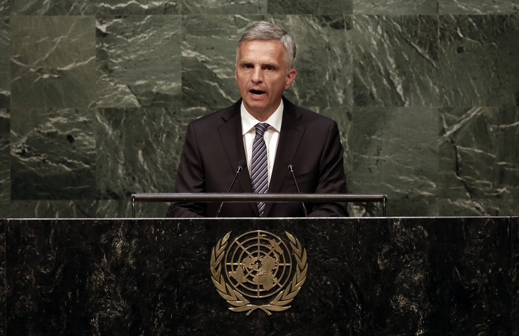 Swiss Foreign Minister Didier Burkhalter issues his statement during the opening of the High-Level Segment of the 28th session of the Human Rights Council, at the European headquarters of the United Nations, in Geneva, Switzerland, Monday, March 2, 2015. The Human Rights Council opens today a four-week session with member states and top officials. (KEYSTONE/Salvatore Di Nolfi)