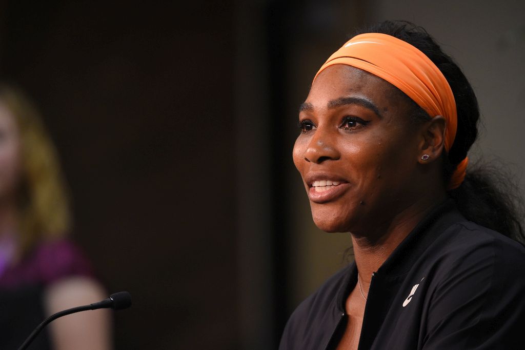 Serena Williams speaks during a news conference after withdrawing from her match against Simona Halep, of Romania, due to a knee injury at the BNP Paribas Open tennis tournament, Friday, March 20, 2015, in Indian Wells, Calif. (AP Photo/Mark J. Terrill) .