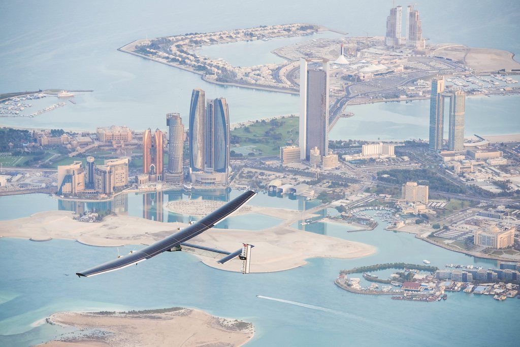 epa04638113 A handout photo made available by the Solar Impulse showing the Solar Impulse 2 during the first test flight in Abu Dhabi, UAE, 26 February 2015. Solar Impulse 2 successfully accomplished the first test flight since the reassembly with the test pilot Markus Scherdel at the controls. Solar Impulse 2, the only solar single-seater airplane able to fly day and night without a drop of fuel, will attempt the First Round-The-World Solar Flight in early March 2015, departing from Abu Dhabi. Swiss founders and pilots, Bertrand Piccard and Andre Borschberg, will take turns flying Solar Impulse 2 over the Arabian Sea, to India, Myanmar, China, then across the Pacific Ocean, to the United States, and over the Atlantic Ocean to Southern Europe or Northern Africa before finishing the journey by returning to the initial departure point.  EPA/OLGA STEFATOU / SOLAR IMPULSE/HAND  HANDOUT EDITORIAL USE ONLY/NO SALES