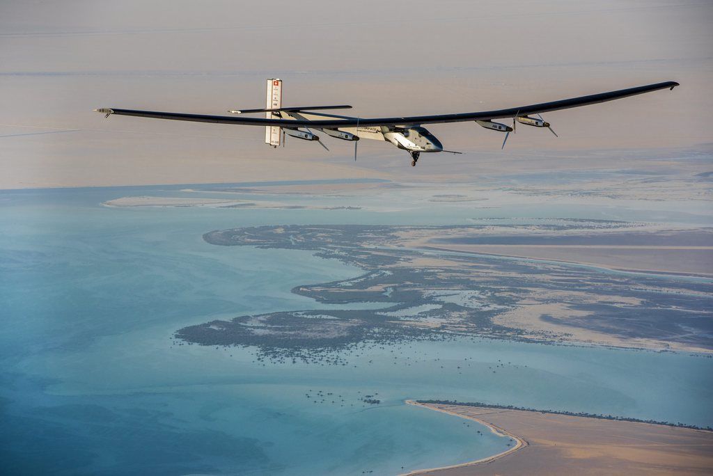 epa04645095 A handout picture made available by Solar Impulse on 03 March 2015 shows Solar Impulse 2 during a test flight over Abu Dhabi, United Arab Emirates, 01 March 2015. The aircraft is undertaking preparation flights for the first ever Round-The-World Solar Flight which will be attempted starting early March from Abu Dhabi. Swiss founders and pilots, Bertrand Piccard and Andre Borschberg, hope to demonstrate how pioneering spirit, innovation and clean technologies can change the world. The duo will take turns flying Solar Impulse 2, changing at each stop and will fly over the Arabian Sea, to India, to Myanmar, to China, across the Pacific Ocean, to the United States, over the Atlantic Ocean to Southern Europe or Northern Africa before finishing the journey by returning to the initial departure point. Landings will be made every few days to switch pilots and organize public events for governments, schools and universities.  EPA/SOLAR IMPULSE | STEFATOU | REZO.CH  HANDOUT EDITORIAL USE ONLY/NO SALES