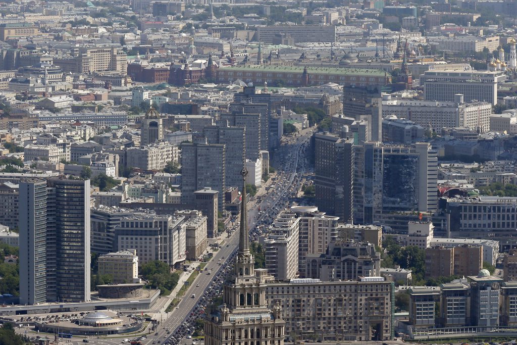 epa04781507 A panoramic elevated view of the downtown of Moscow from the Federation Tower of the Moscow International Business Center also known 'Moscow City' in Moscow, Russia, 03 June 2015. The 373,7 meters high Federation Tower still under construction, is the tallest skyscraper in Europe, according to the constriction company website.  EPA/SERGEI ILNITSKY