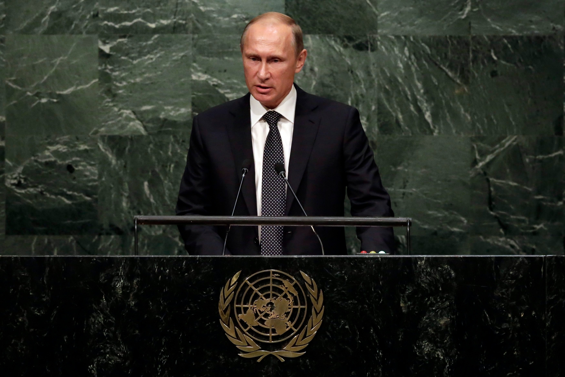Russia's Vladimir Putin addresses the 70th session of the United Nations General Assembly, Monday, Sept. 28, 2015. (AP Photo/Richard Drew) UN General Assembly
