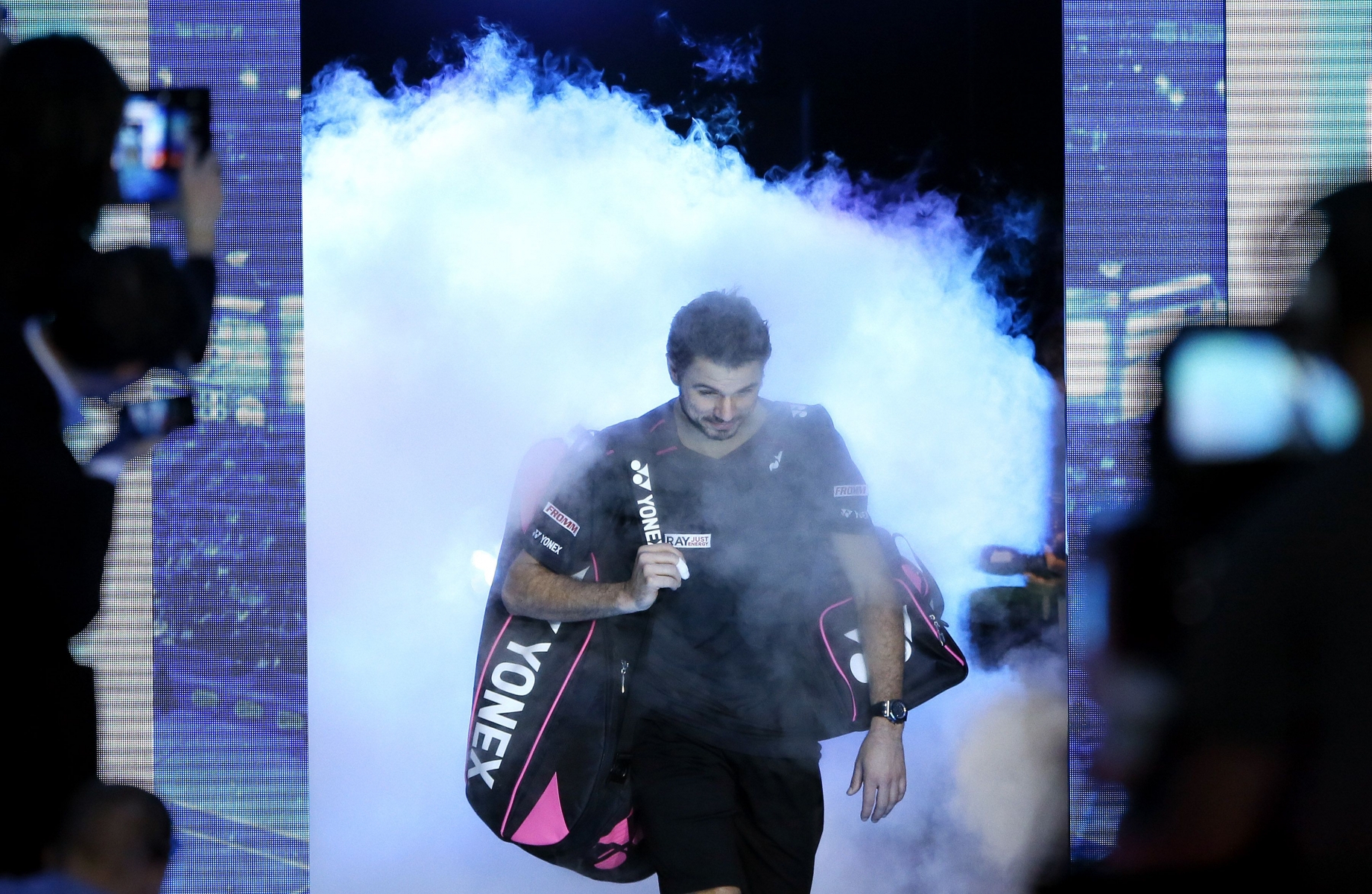 Stan Wawrinka of Switzerland arrives to play David Ferrer of Spain in their singles tennis match at the ATP World Tour Finals at the O2 Arena in London, Wednesday, Nov. 18, 2015. (AP Photo/Kirsty Wigglesworth)