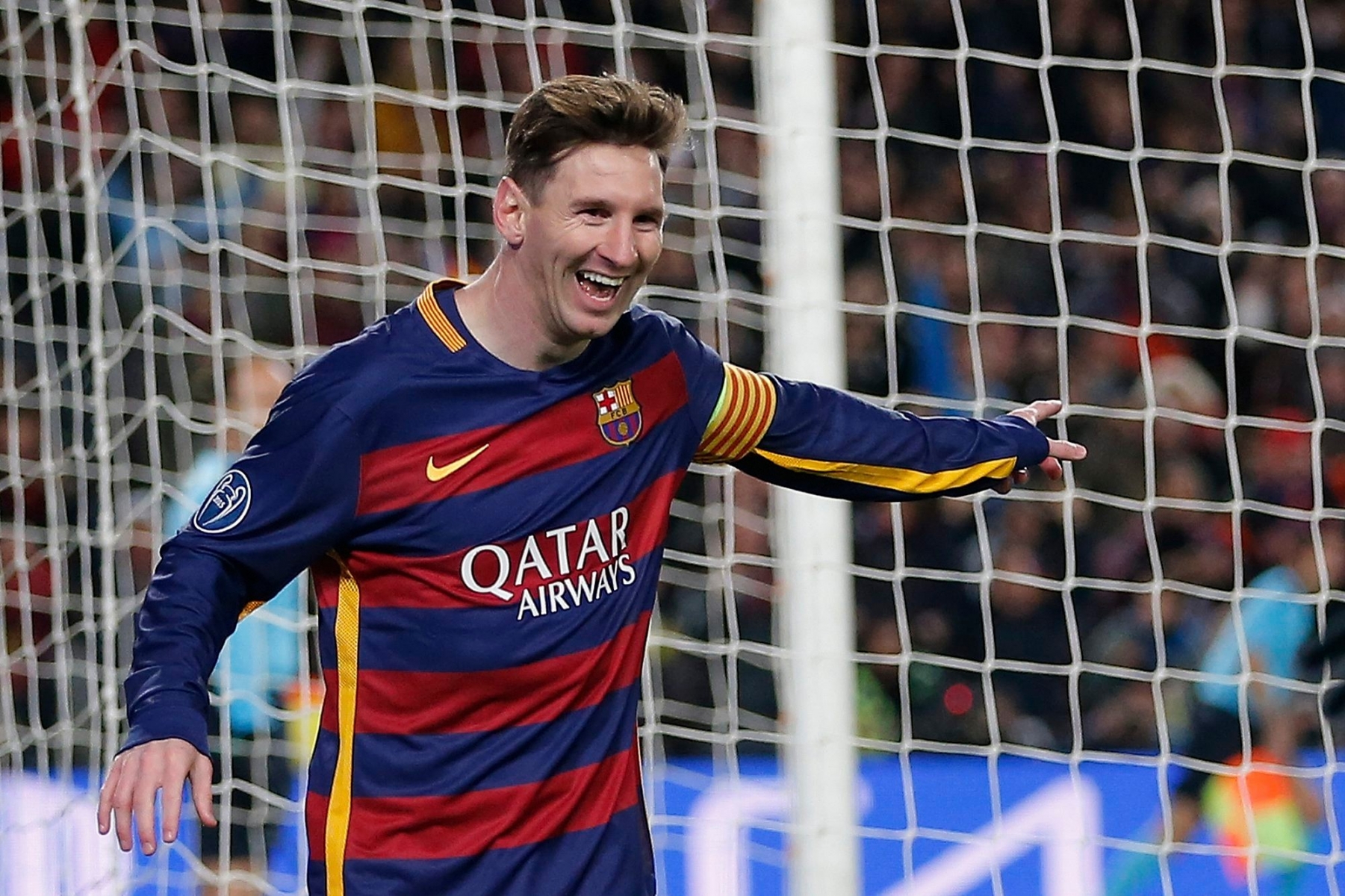 FILE - In this Nov. 24, 2015 file picture Barcelona's Lionel Messi, celebrates after scoring his team's 5th goal during the Group E Champions League soccer match between Barcelona and Roma at the Camp Nou stadium in Barcelona, Spain. Neymar has made the three-man Ballon D'Or shortlist for the first time, alongside Barcelona teammate Lionel Messi and title holder Cristiano Ronaldo.  (AP Photo/Emilio Morenatti,File) Switzerland Soccer Ballon d'Or Shortlist