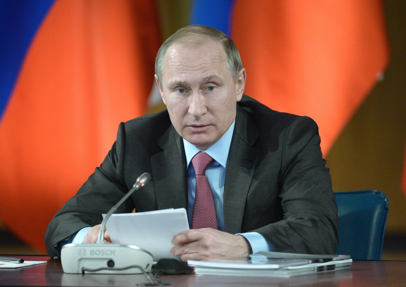 Russian President Vladimir Putin heads a meeting of the State Council on traffic safety issues in Yaroslavl, Russia, Monday, March 14, 2016. (Alexei Nikolsky/Sputnik, Kremlin Pool Photo via AP)