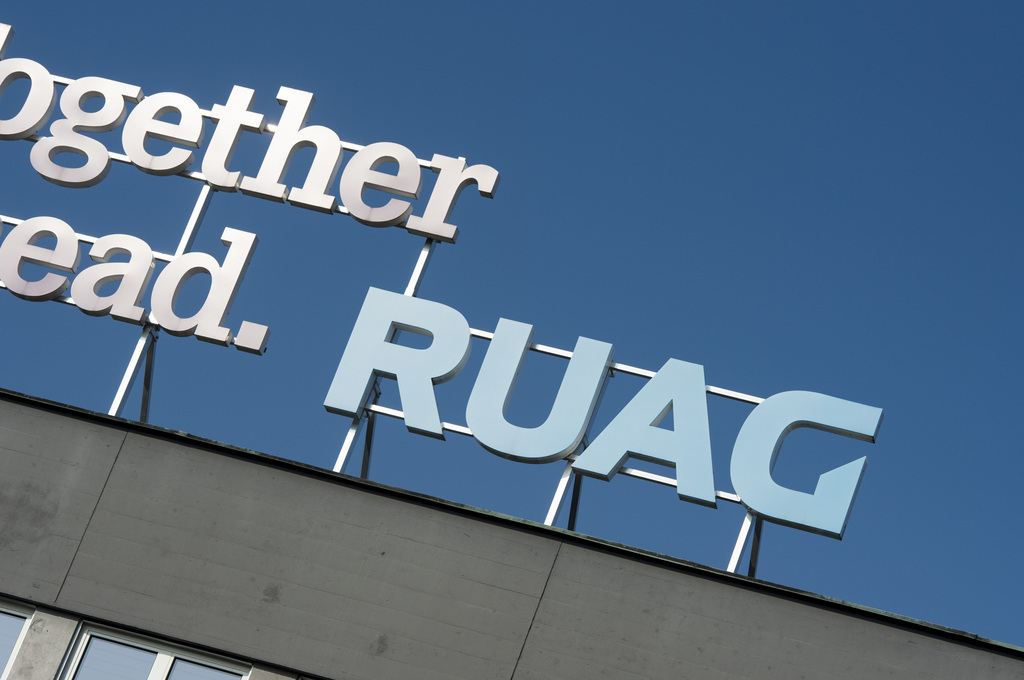 Das Logo der Ruag anlaesslich der Bilanzmedienkonferenz vom Donnerstag 17. Maerz 2016 in der neuen Spacehalle in der RUAG Produktion im Emmen. (KEYSTONE/Urs Flueeler)