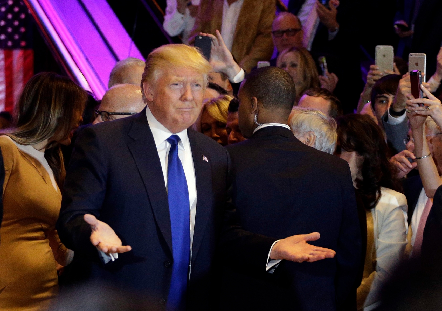 Republican presidential candidate Donald Trump gestures as he arrives to speak at a New York primary night campaign event, Tuesday, April 19, 2016, in New York. (AP Photo/Julie Jacobson) GOP 2016 Trump